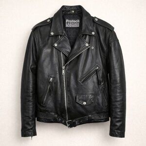 Protech Leather Apparel Vintage Black Leather Motorcycle Jacket Size 46